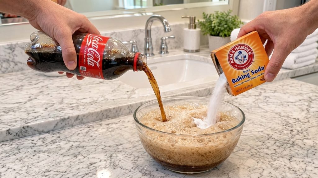 Two pairs of hands pouring cola and baking soda into a glass bowl creating a fizzy reaction in a modern bathroom sink Th