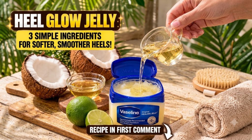 A flat lay of ingredients for a heel softening jelly a blue tub of Vaseline a glass measuring cup pouring golden coconut