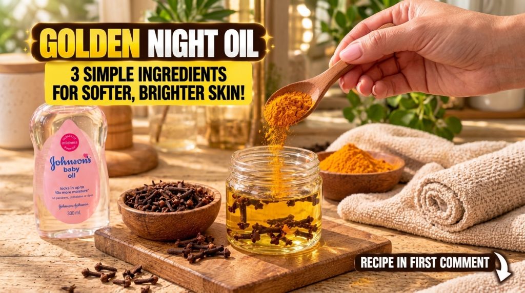 A hand pouring golden turmeric powder from a wooden spoon into a glass jar containing clear oil and whole cloves A bottl