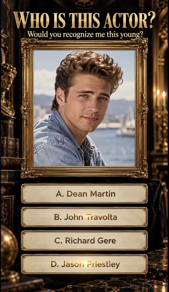 A celebrity trivia quiz featuring a young Jason Priestley in an ornate gilded frame against a coastal background with th