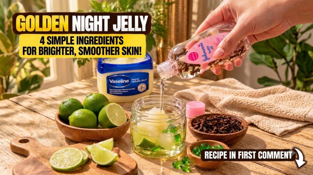 A hand pouring clove-infused Johnson s baby oil into a glass jar containing Vaseline and lime slices surrounded by fresh