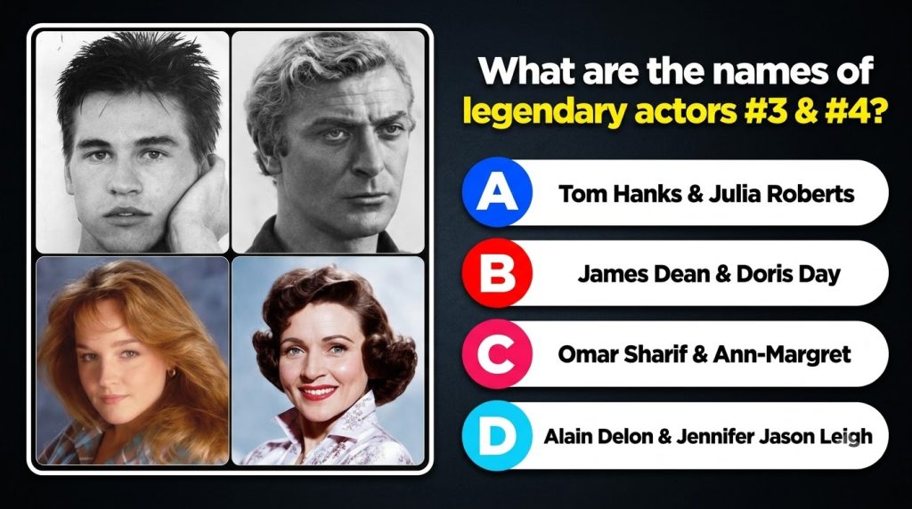 A 2x2 grid of four actor headshots Val Kilmer Michael Caine Lea Thompson and Betty White with a quiz question below aski