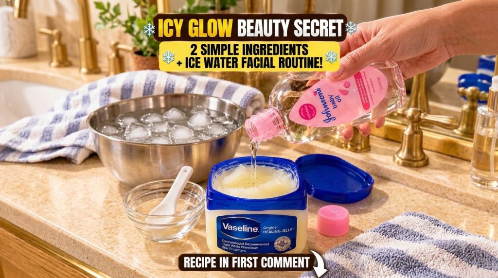 A close-up of a hand pouring Johnson s baby oil into a tub of Vaseline Original Healing Jelly on a countertop with a met