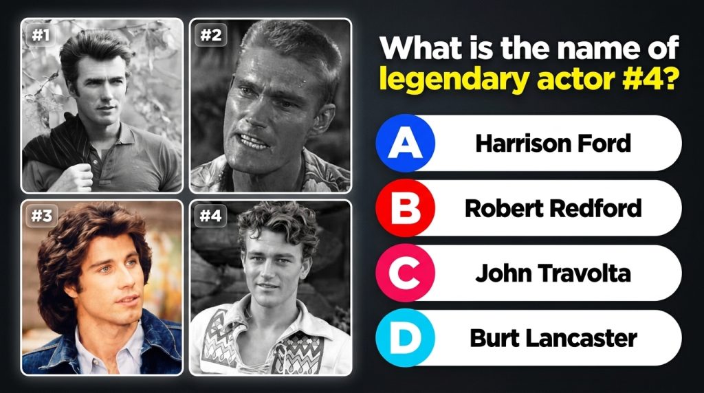 A 2x2 grid showing four iconic male actors Clint Eastwood Charlton Heston John Travolta and John Wayne with a quiz quest