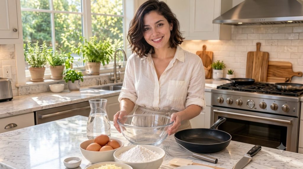 A freshly cooked golden-brown vegan cheese bread on a stovetop pan with a piece pulled away revealing an incredible stre
