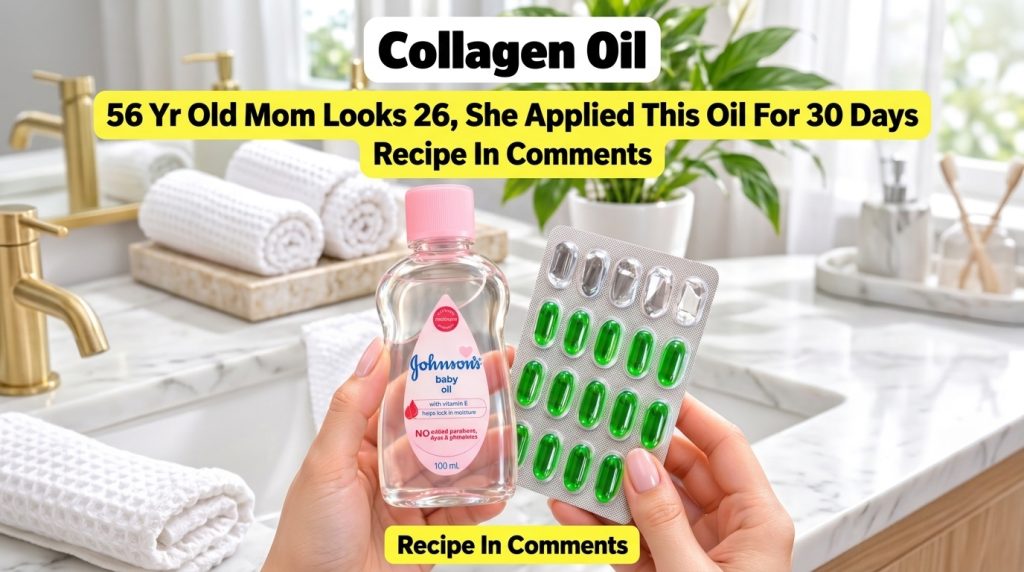 A pair of hands holding a bottle of Johnson s baby oil and a blister pack of green and clear capsules likely vitamin E i