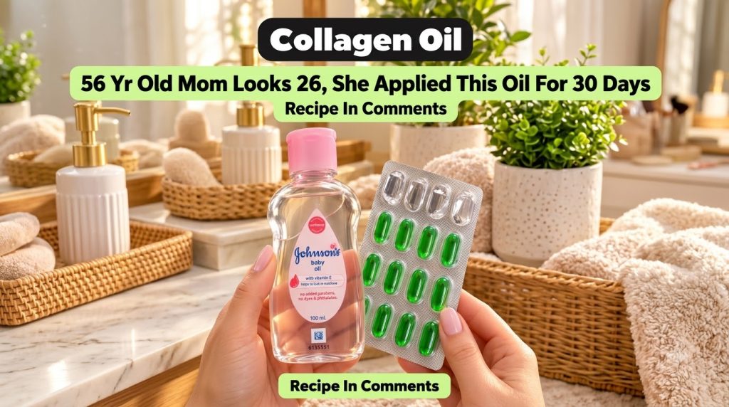 Two hands holding a bottle of baby oil and a blister pack of green gel capsules representing the viral beauty hack discu