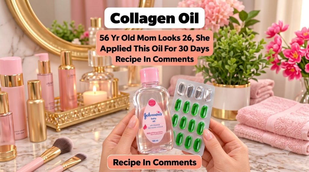 A close-up of two hands holding a bottle of Johnson s baby oil and a blister pack of green vitamin E capsules against a 