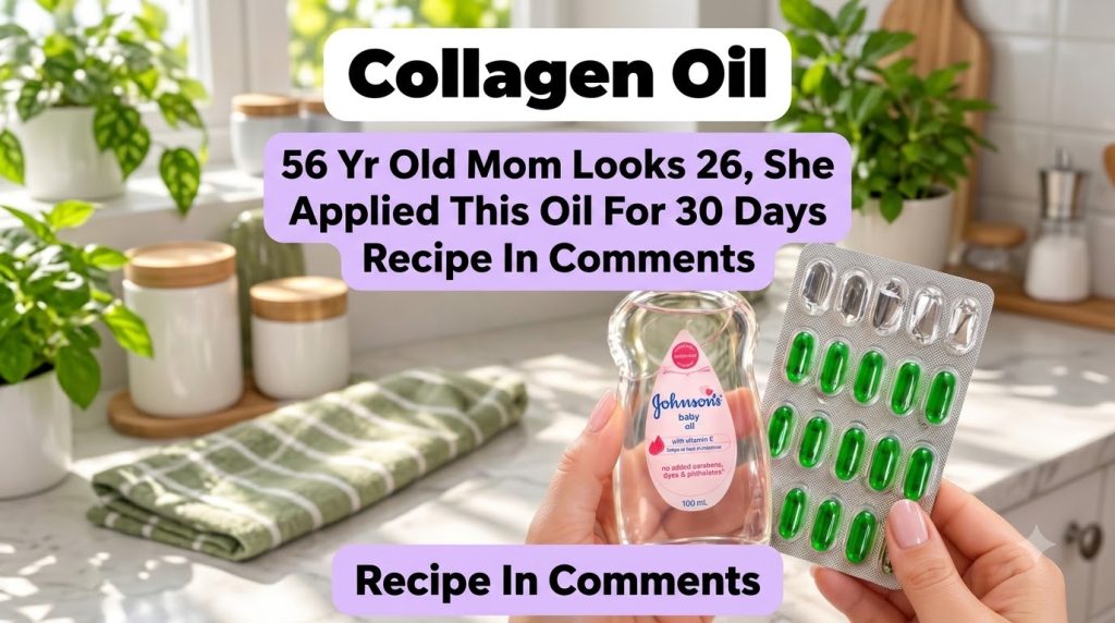 Hands holding a bottle of Johnson s baby oil and a blister pack of green vitamin E capsules against a blurred background