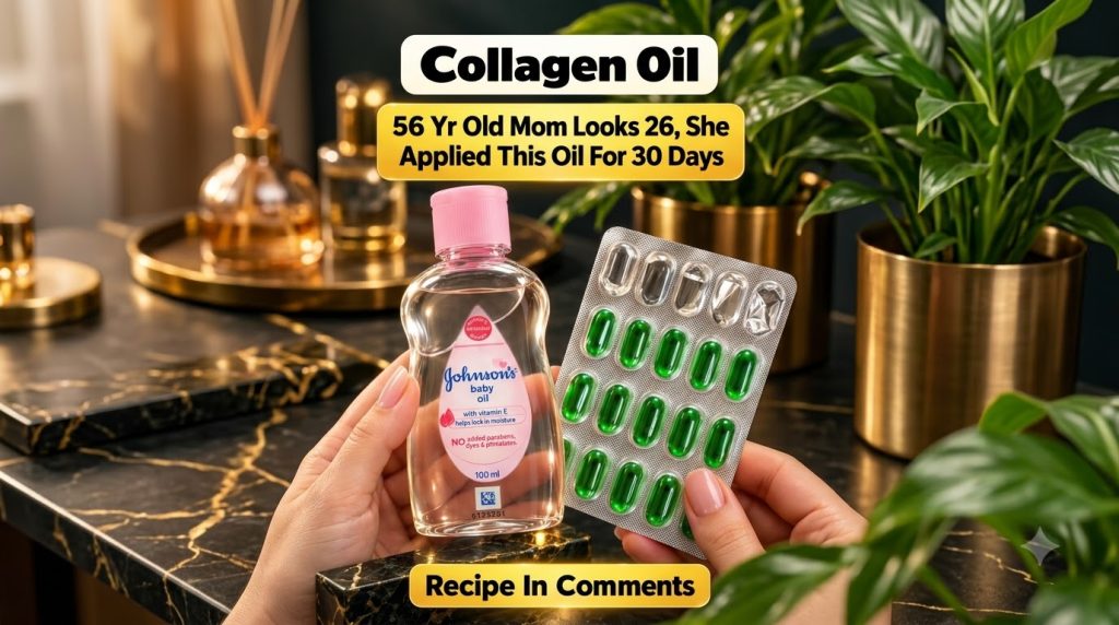Hands holding a bottle of Johnson s baby oil and a blister pack of green capsules