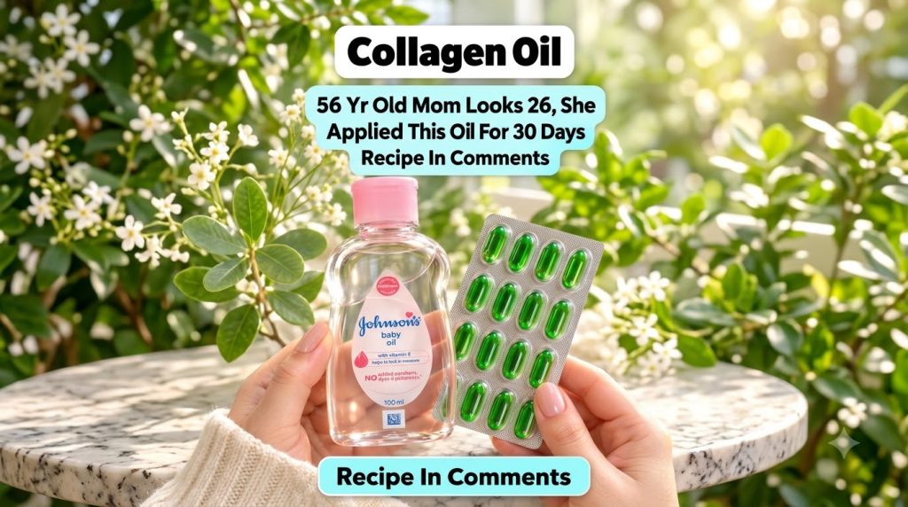 A pair of hands holding a bottle of Johnson s baby oil and a blister pack of green capsules with a blurred background of