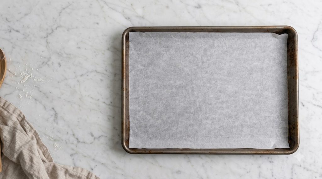 A close-up of cottage cheese being spread thinly on parchment paper on a baking sheet