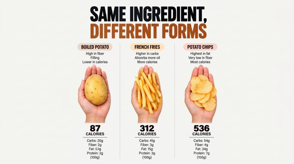 An infographic comparing the calorie content and nutritional information of 100g portions of boiled potatoes french frie