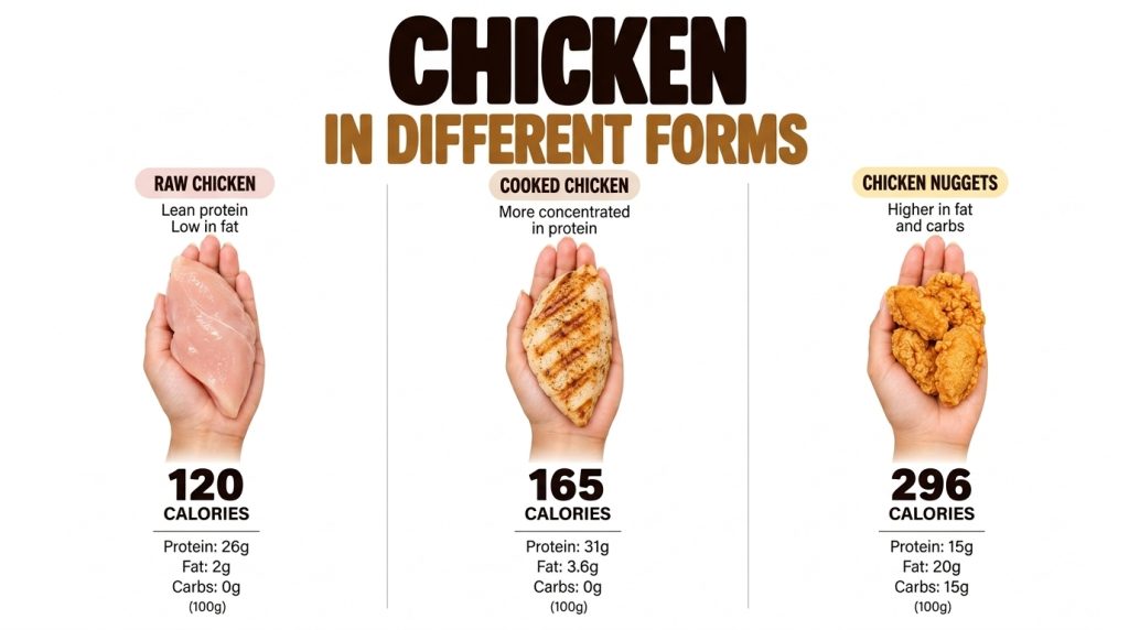An infographic comparing raw chicken breast grilled chicken breast and chicken nuggets showing their nutritional informa
