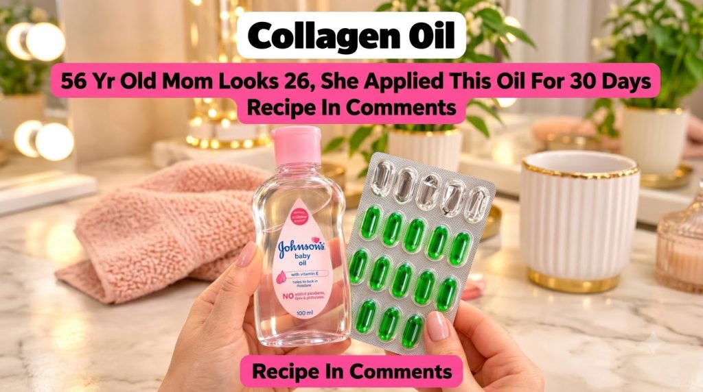 Two hands holding a bottle of Johnson s Baby Oil and a blister pack of green gel capsules