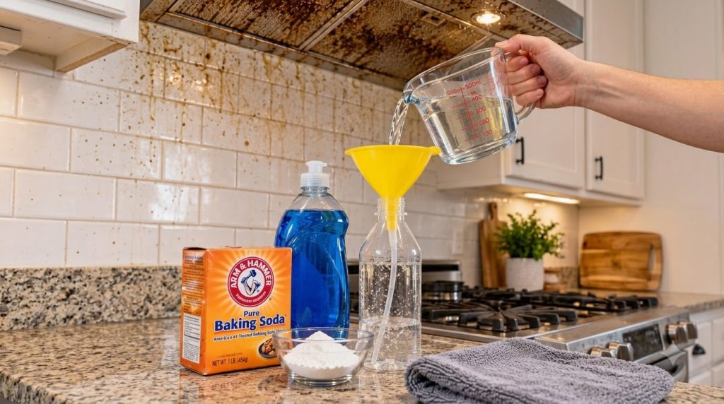 A very dirty stainless steel range hood and backsplash heavily spattered with grime Cleaning supplies like a box of baki