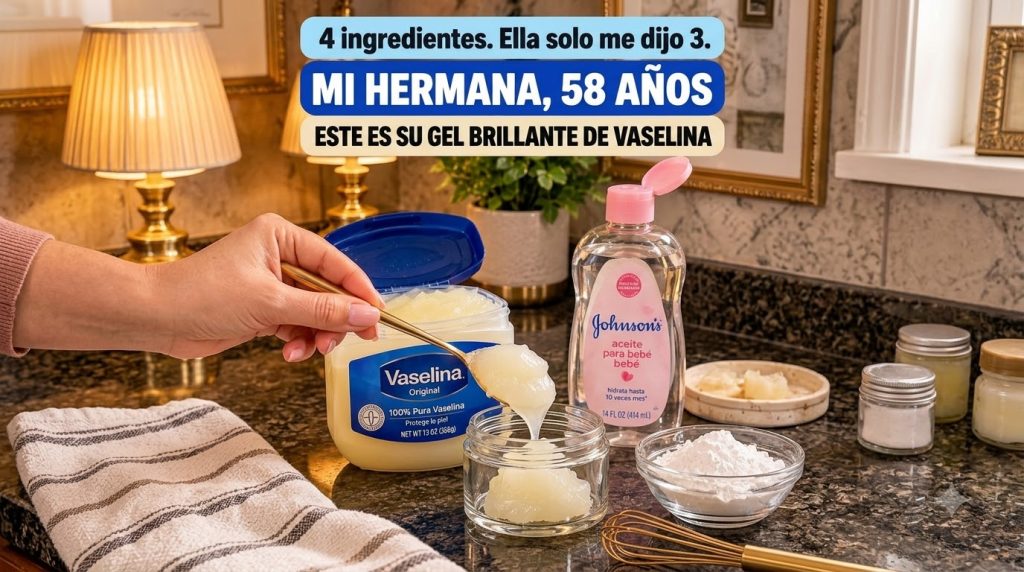 A hand scooping Vaseline from a large container into a smaller bowl with a bottle of baby oil a small bowl of white powd