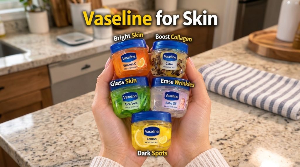 Two hands gently holding five small customized Vaseline jars each infused with natural ingredients like Vitamin C Clove