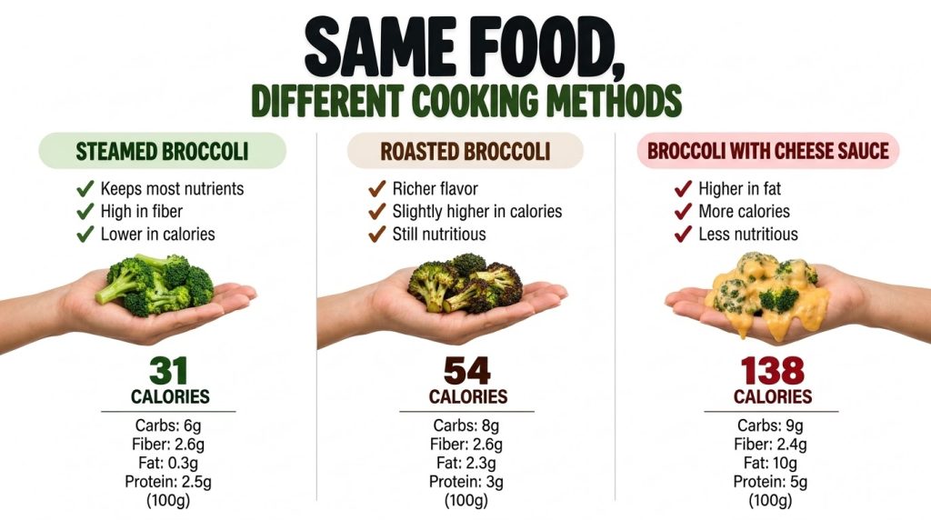 An infographic comparing steamed roasted and cheese-sauce broccoli showing visual representations and nutritional breakd