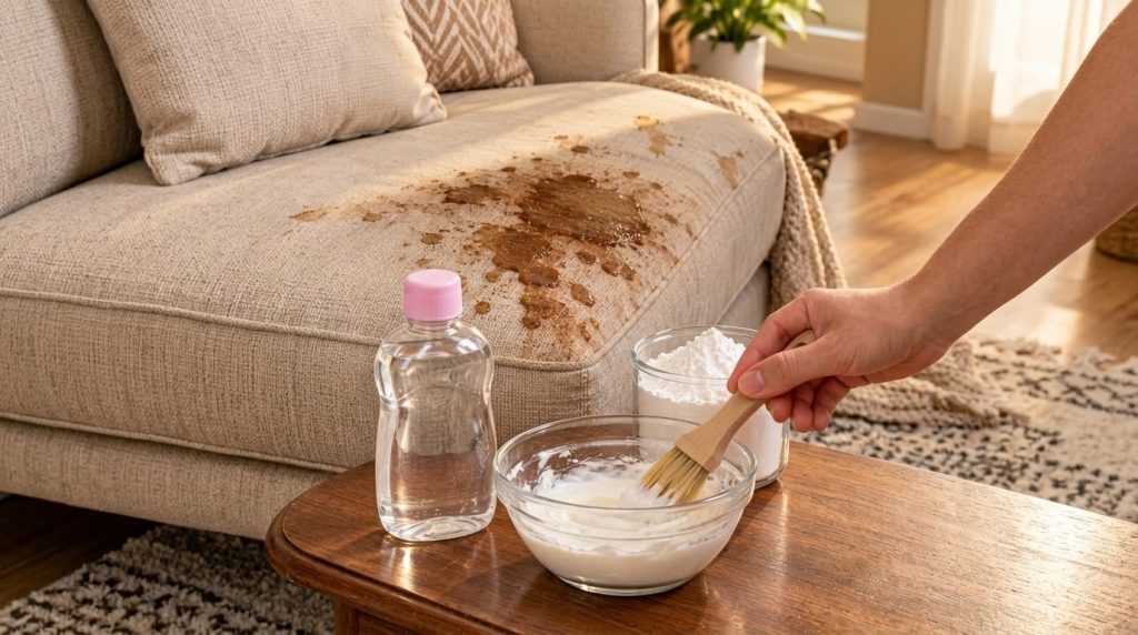 A close-up of a fresh liquid spill on a light-colored fabric sofa with cleaning supplies like a bottle of liquid a bowl 