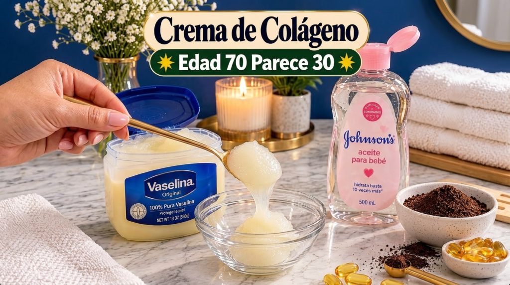 A hand scooping Vaseline from a tub into a glass bowl with a bottle of baby oil coffee grounds and vitamin E capsules on