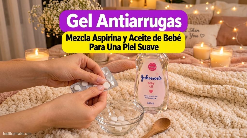 Manos preparando un gel antiarrugas casero con aspirina y aceite de bebé
