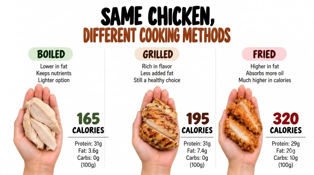 An infographic comparing boiled grilled and fried chicken showing nutritional information like calories protein fat and