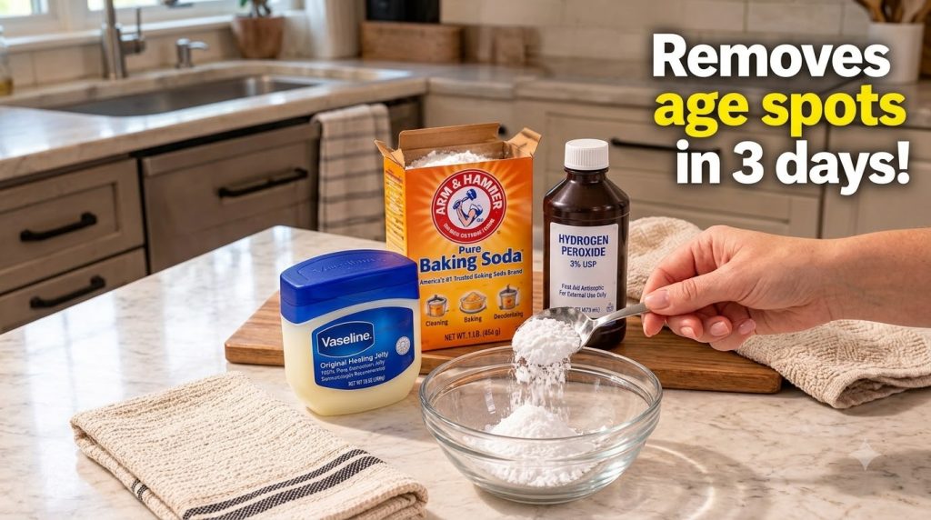 A close-up of a kitchen counter with a tub of Vaseline a box of baking soda and a bottle of hydrogen peroxide A hand is 