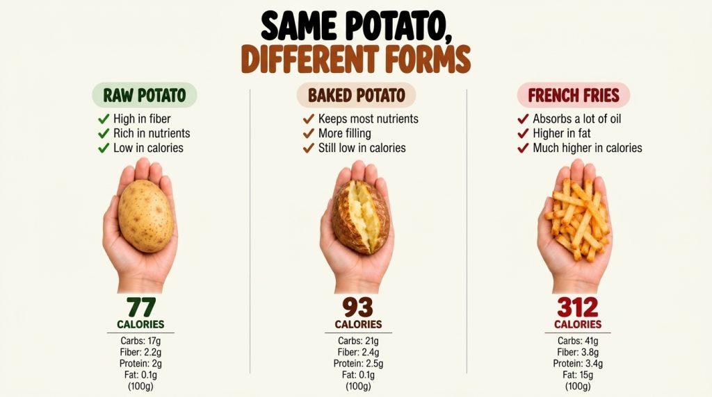 An infographic comparing the nutritional values of raw baked and french fried potatoes showing calorie carb fiber protei