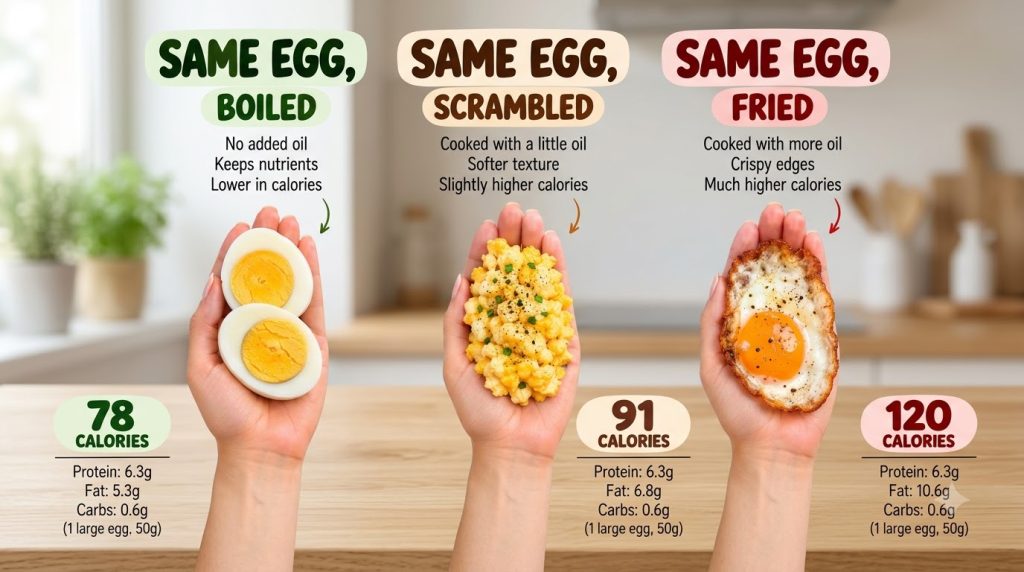 An infographic comparing the nutritional facts and preparation methods of boiled scrambled and fried eggs