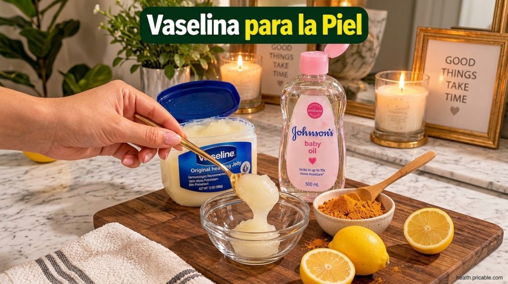 A hand using a golden spoon to scoop Vaseline from a tub surrounded by other beauty ingredients like baby oil turmeric p