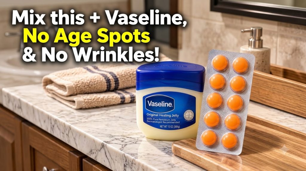 A tub of Vaseline Original Healing Jelly next to a blister pack of bright orange Vitamin E capsules on a wooden tray wit