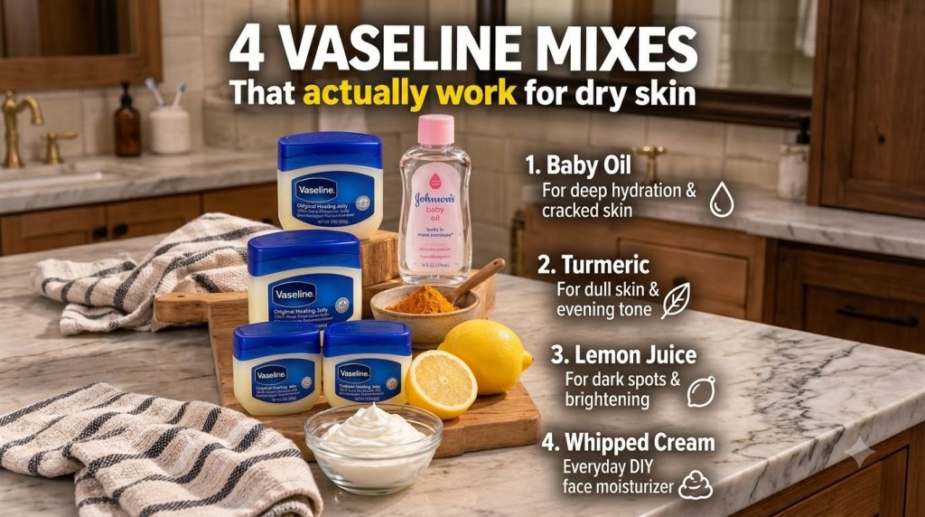 An array of natural ingredients and Vaseline jars for DIY dry skin remedies