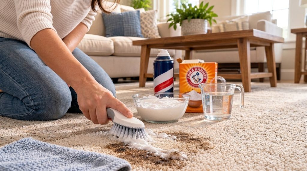 A hand scrubbing a dark stain on a light-colored carpet with a brush creating white foam Cleaning supplies like shaving
