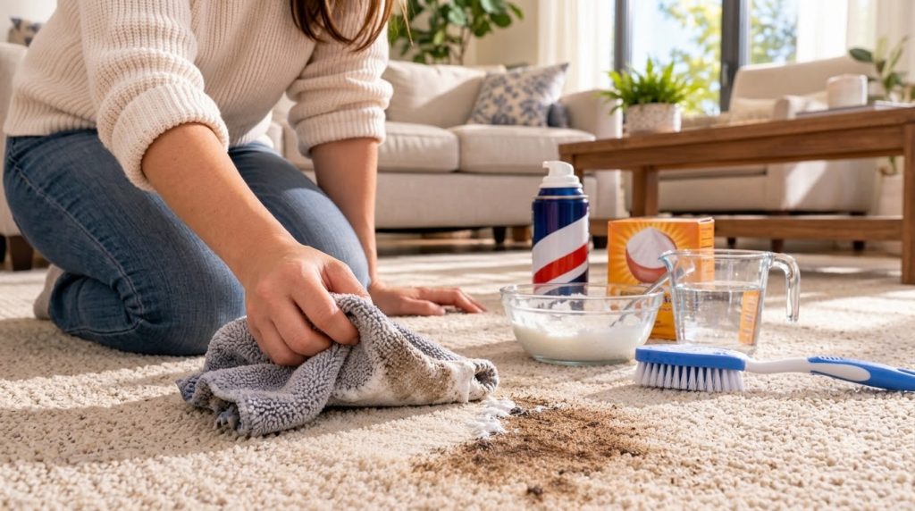 A person on their knees applying shaving cream and baking soda to a carpet stain with cleaning supplies around