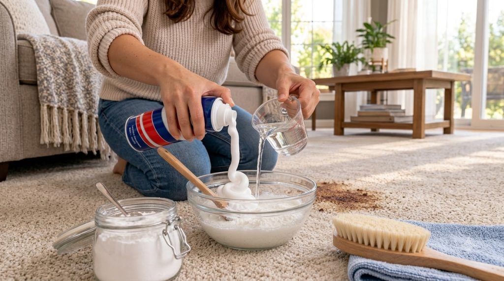Hands mixing baking soda water and shaving cream in a bowl with a carpet stain and brush in the background