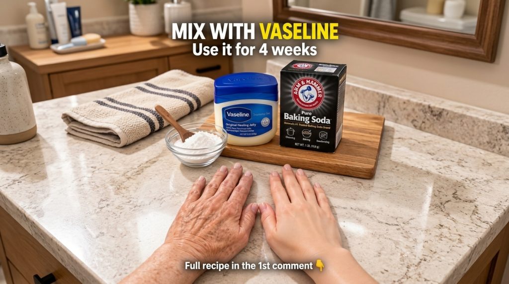 Two hands one visibly aged and one younger placed flat on a light countertop with a tub of Vaseline a box of baking soda