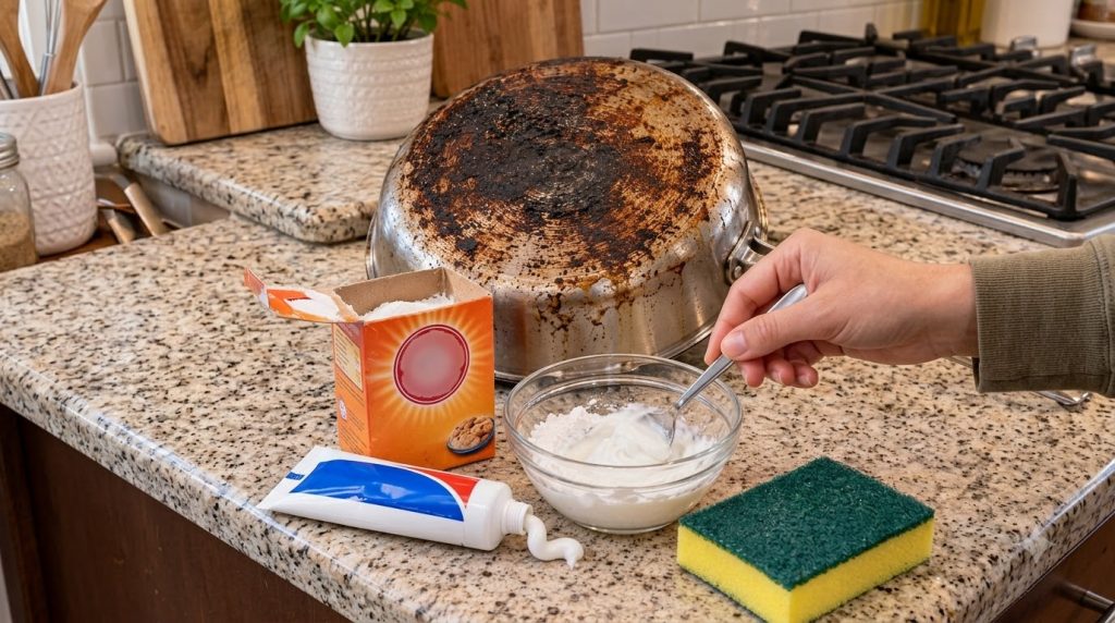 A hand mixing a white paste in a clear glass bowl with a box of baking soda a tube of toothpaste and a cleaning sponge v