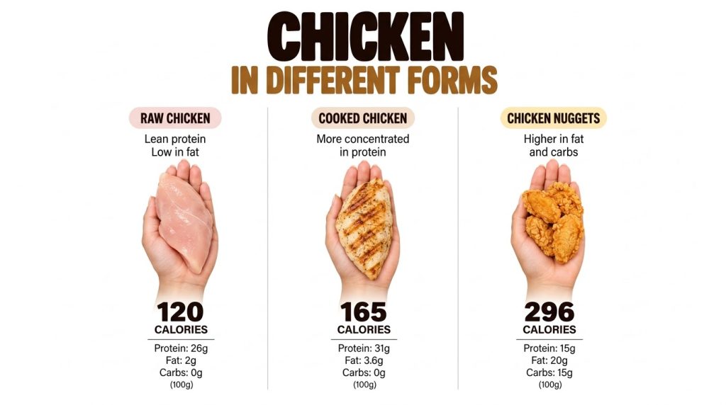 An informational graphic displaying three different forms of chicken raw grilled and fried nuggets each held in a hand A