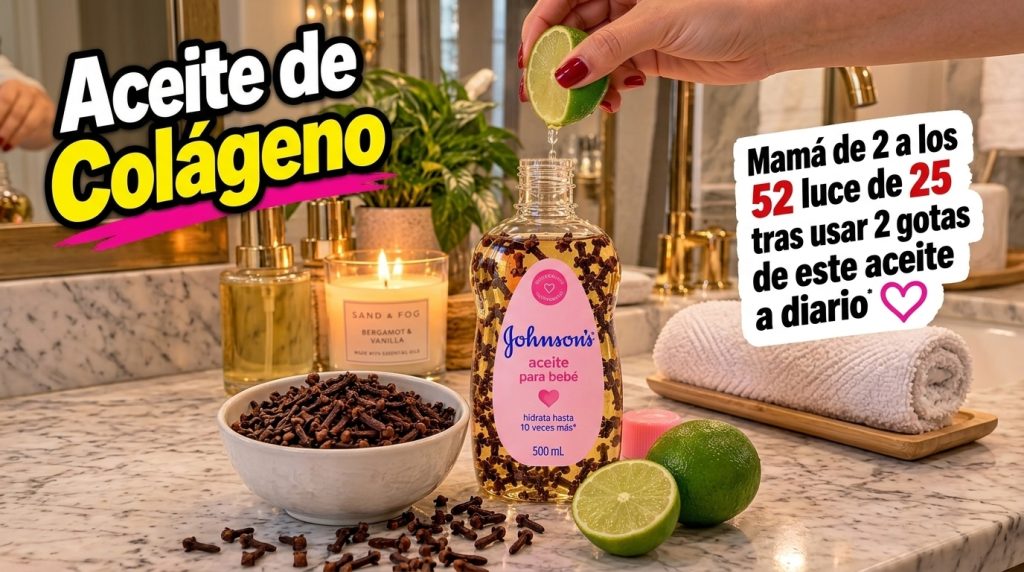 A Johnson s baby oil bottle infused with cloves with a hand squeezing a lime above it on a marble surface with more lime
