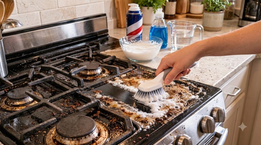 A hand scrubbing a dirty stovetop with a brush creating white suds and foam Cleaning supplies are blurred in the backgro