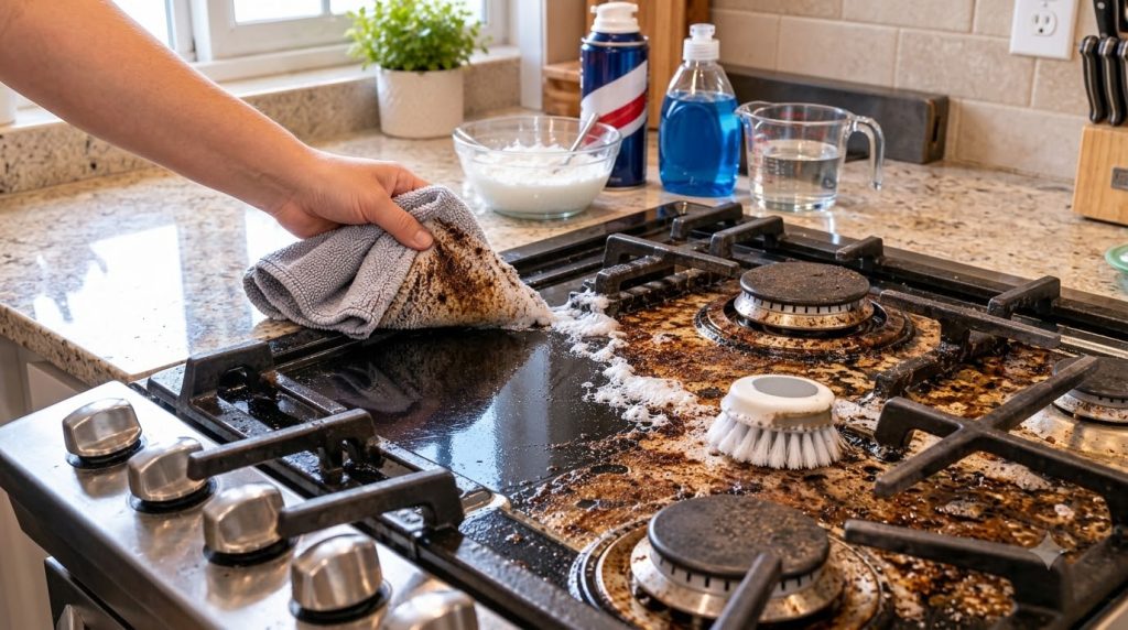 A hand in the foreground using a grey microfiber cloth to wipe a black stovetop showing white cleaning foam and lifted g