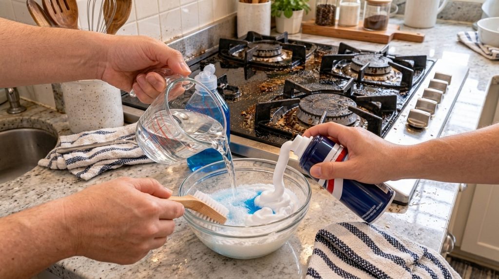 Hands mixing shaving cream and water in a clear bowl with a dirty stovetop in the background