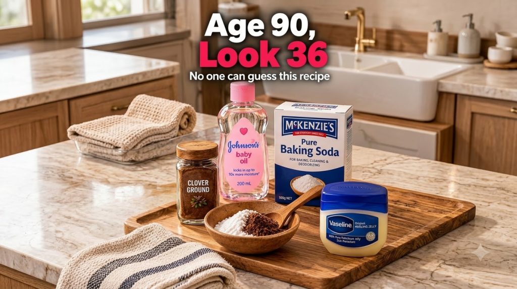 A collection of common household products arranged on a wooden tray including baby oil baking soda Vaseline and a spice 