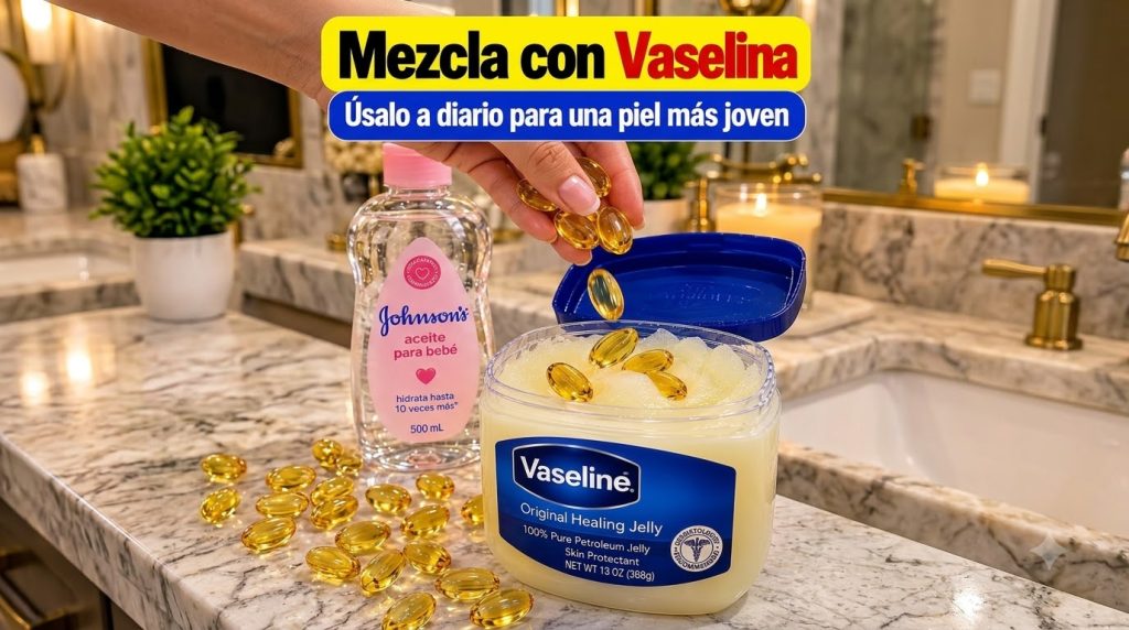 Una mano añadiendo cápsulas de vitamina E a un recipiente de vaselina con una botella de aceite de bebé en el fondo