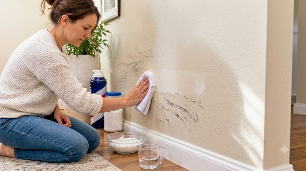 A hand gently wiping a dark mark off a light-colored wall with a white cloth In the foreground a bowl of white baking so