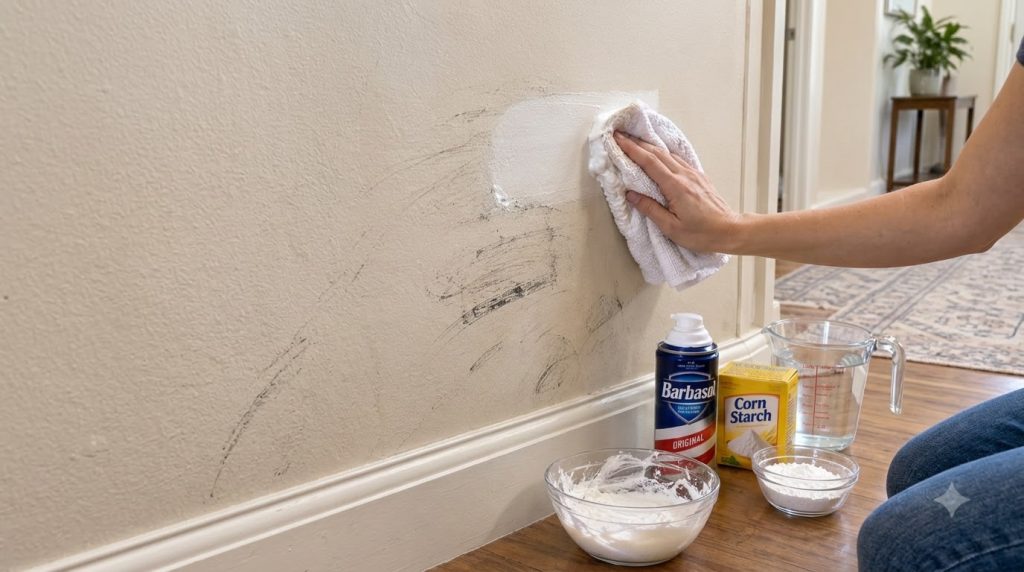 A hand using a white cloth to clean dark scuff marks from a beige wall with a can of Barbasol shaving cream a box of cor
