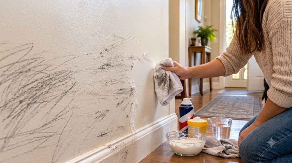 A hand cleaning a wall with a white rag with cleaning supplies like shaving cream and a bowl of paste on the floor