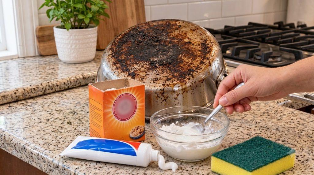 A close-up of a severely burnt and stained frying pan with a hand mixing a white paste in a glass bowl next to a box of 