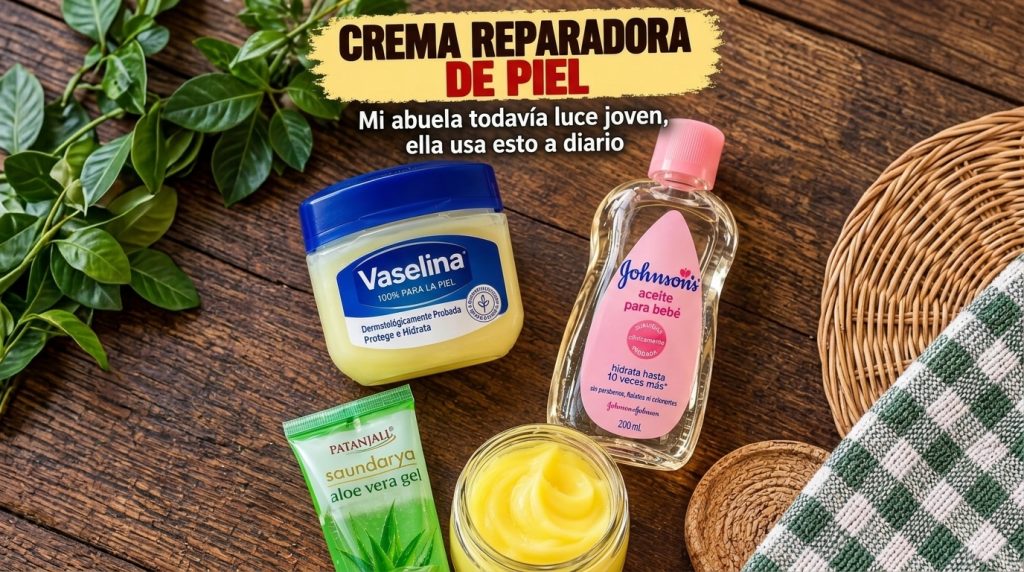 A flat lay composition of four popular skincare products Vaseline Johnson s baby oil aloe vera gel and a yellow cream in